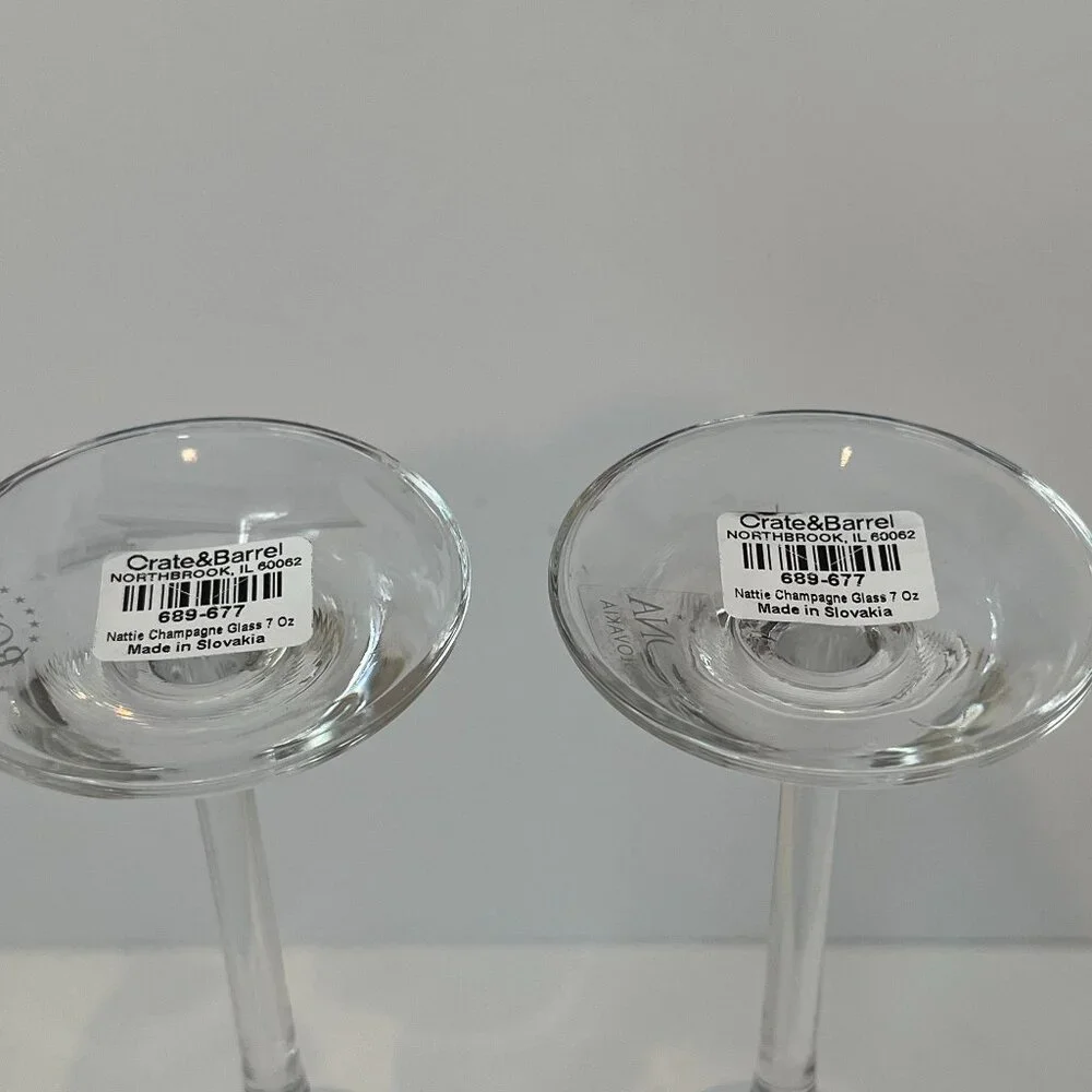 Set 2 CRATE & BARREL Nattie Champagne Glasses Flutes 7 oz. SLOVAKIA ~ New w/tag